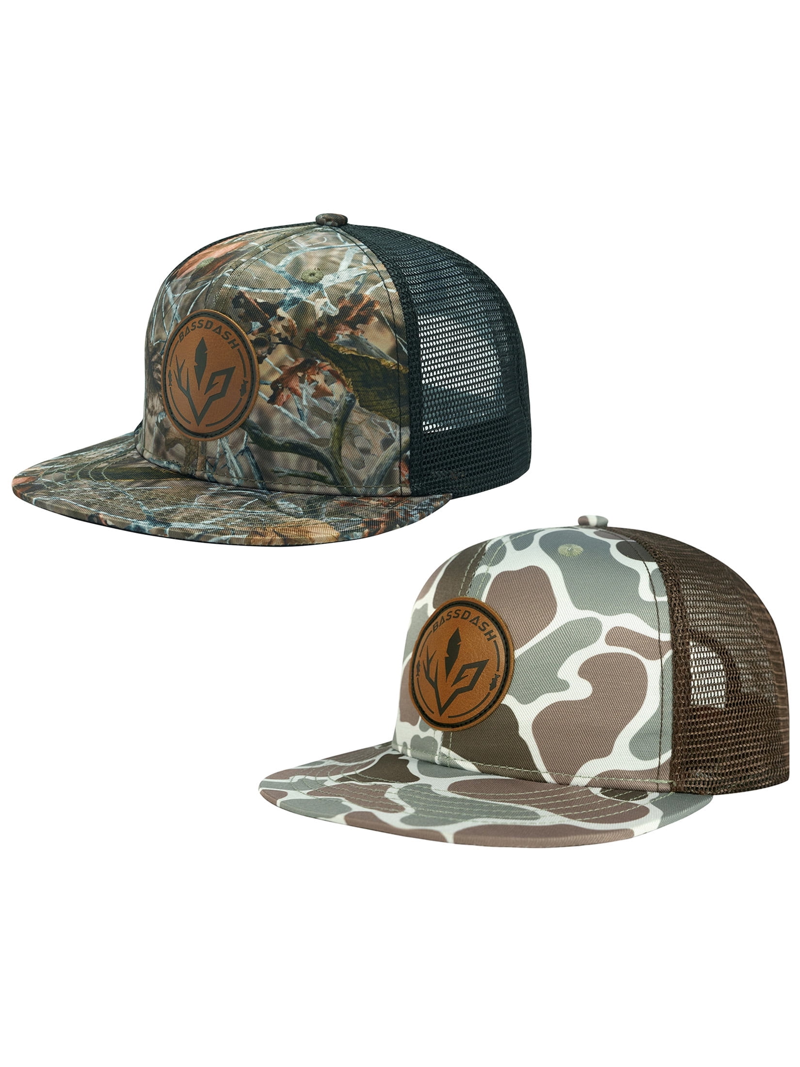 BASSDASH 2 Pack Flat Brim Trucker Cap Adjustable Snapback Hat Mesh Back For Men Women Fishing Hunting