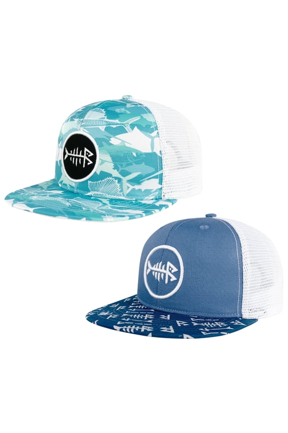2 Pack Flat Brim Trucker Cap Adjustable Snapback Hat Mesh Back For Men Women Fishing Hunting