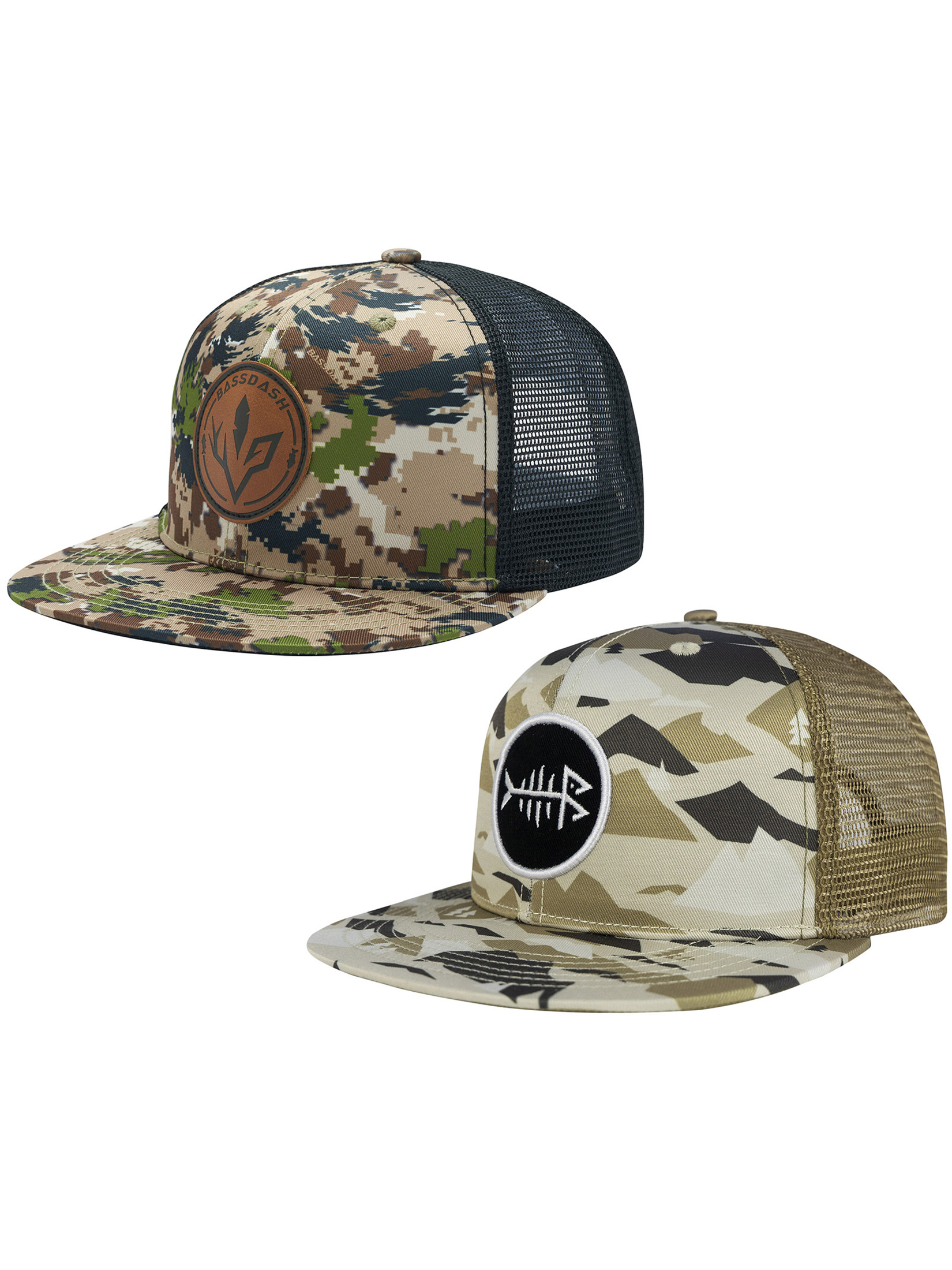 BASSDASH 2 Pack Flat Brim Trucker Cap Adjustable Snapback 