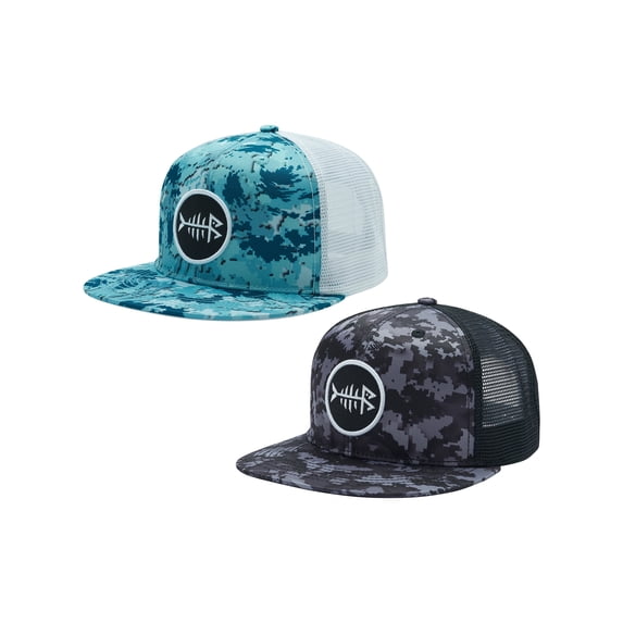 BASSDASH 2 Pack Flat Brim Trucker Cap Adjustable Snapback Hat Mesh Back For Men Women Fishing Hunting
