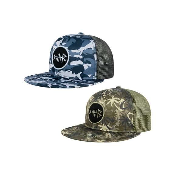 BASSDASH 2 Pack Flat Brim Trucker Cap Adjustable Snapback Hat Mesh Back For Men Women Fishing Hunting