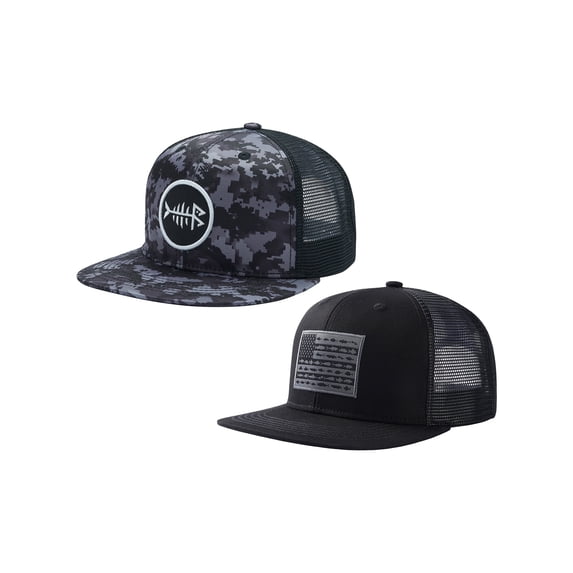 BASSDASH 2 Pack Flat Brim Trucker Cap Adjustable Snapback Hat Mesh Back For Men Women Fishing Hunting