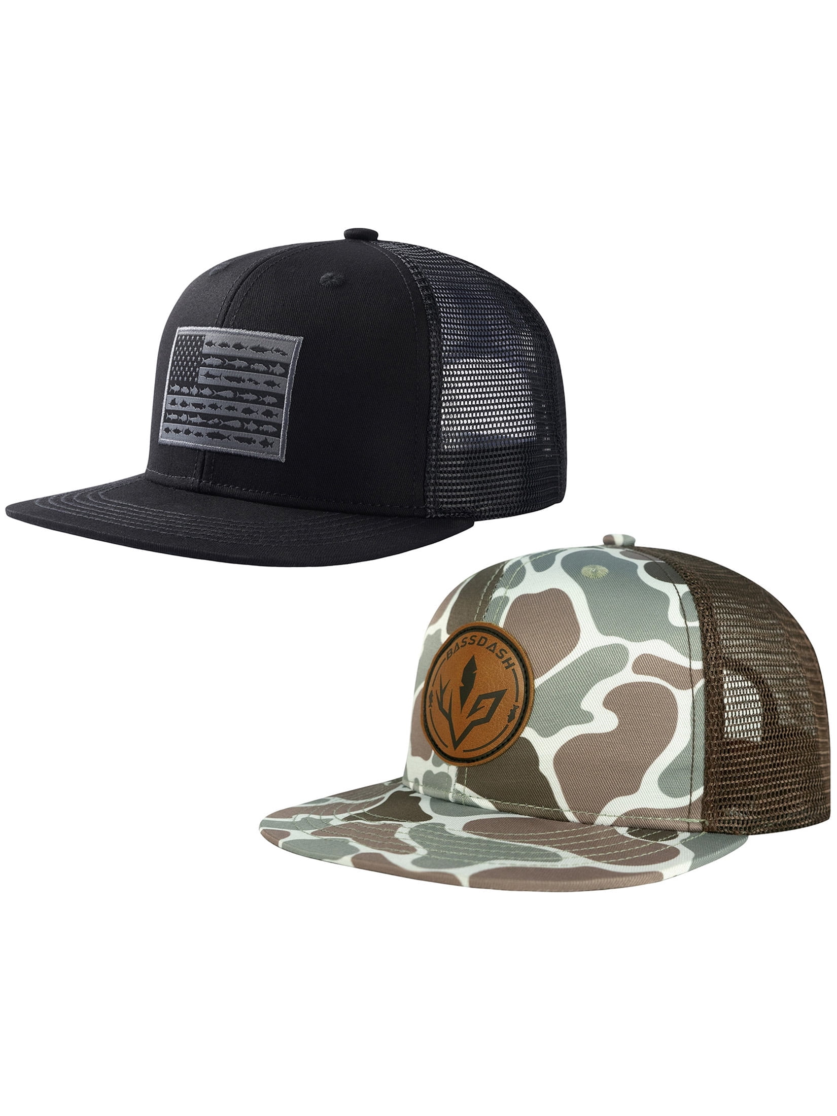 BASSDASH 2 Pack Flat Brim Trucker Cap Adjustable Snapback Hat Mesh Back For Men Women Fishing Hunting