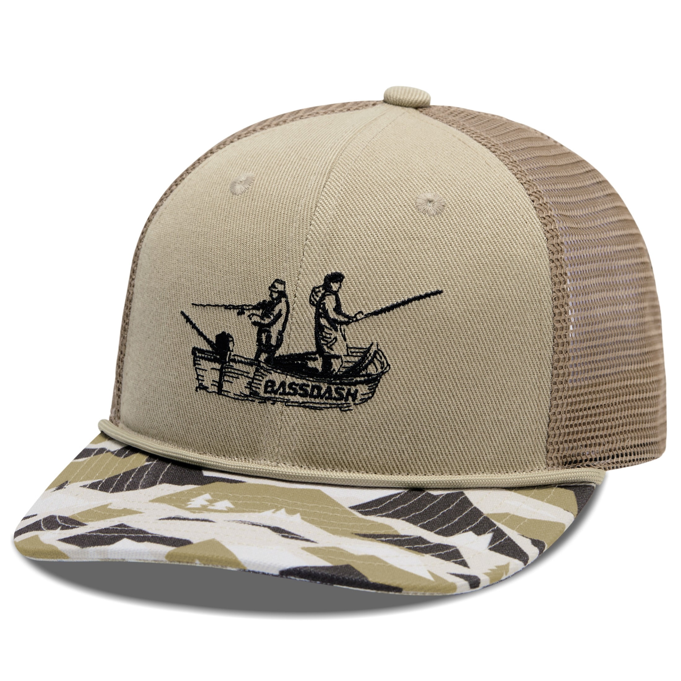 BASSDASH Camo Rope Trucker Hat Adjustable Embroidered Baseball Cap Mesh Back for Duck Deer Hunting Fly Fishing Camping
