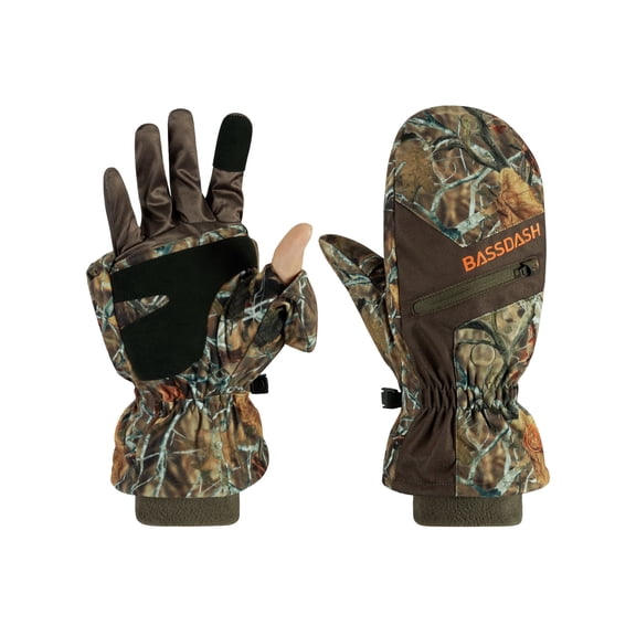 BASSDASH Men’s Insulated Mittens Winter Camo Hunting Gloves Water Resistant for Cold Weather Outdoor Activities HG04M