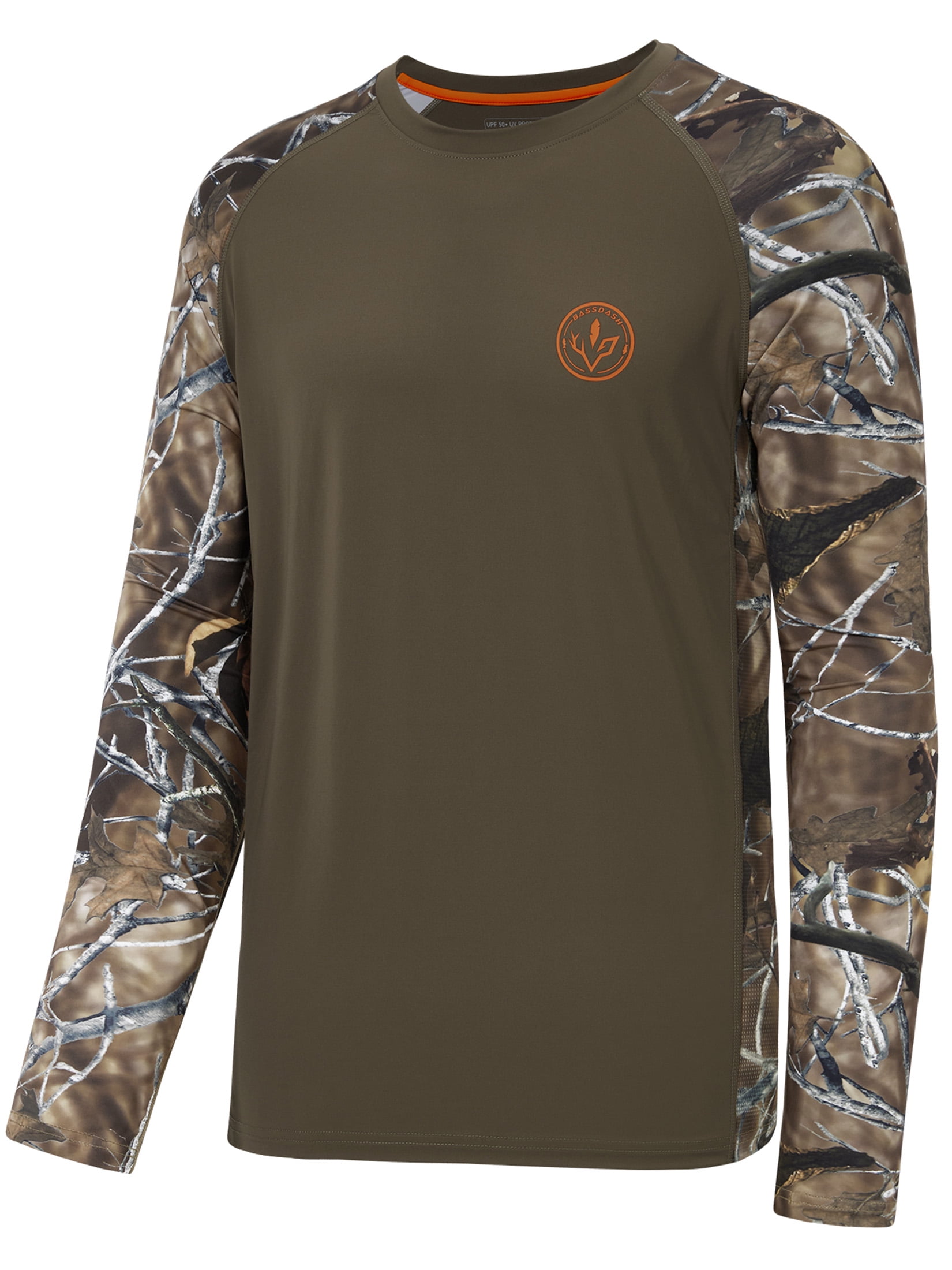 BASSDASH Men’s Lightweight Camo Hunting Shirt UPF 50+ Sun Protection Long Sleeve Hiking Fishing Performance Tee Mesh Panels