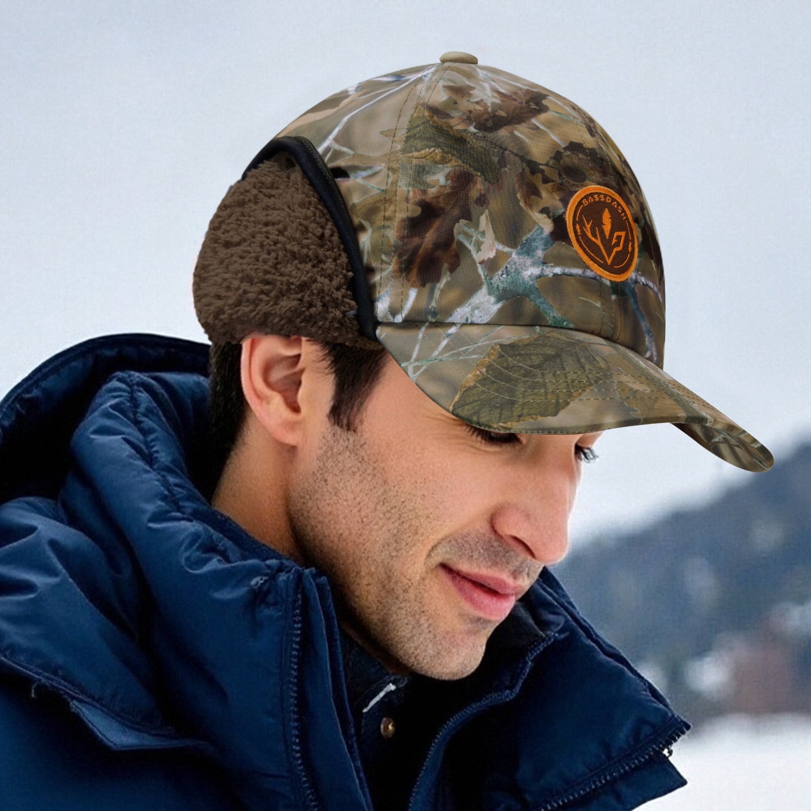 BASSDASH Warm Fleece Lined Hat with Ear Flap Winter Water Resistant Windproof Baseball Sports Cap for Hunting Hiking Fishing