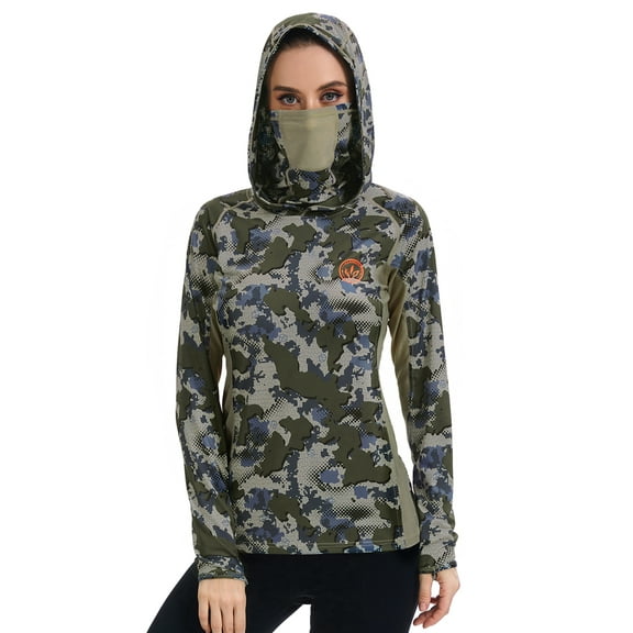BASSDASH Women's UPF 50+ Camo Hunting Hoodie with Neck Gaiter Breathable Performance Long Sleeve Fishing Hooded Tee FS03W