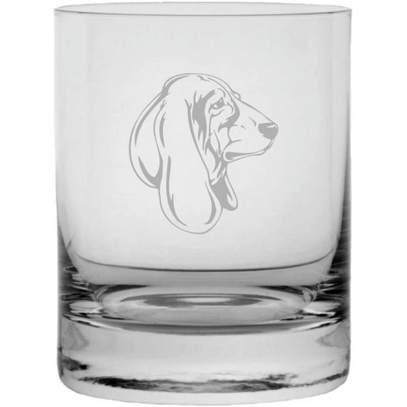 BASSET HOUND Dog Themed Etched 10.25oz Crystal Rocks Whisky Glass