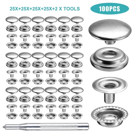 BASSTOP 100Pcs 15MM Stainless Steel Snap Fasteners Press Stud Buttons with Punching Tool Set for Marine Boat Canvas Leather Rivet