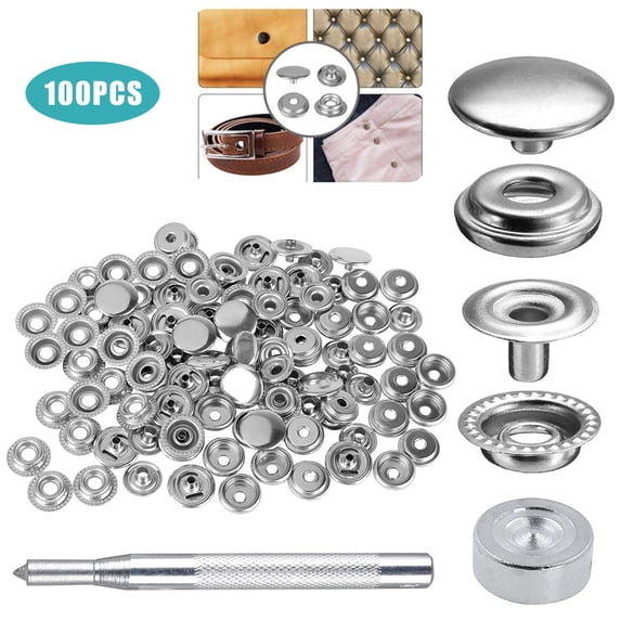 BASSTOP Snap Fastener Kit,Snap Buttons Kit,100 Pcs 15mm Stainless Steel Snap Fasteners Press Stud Buttons with Punching Tool Set for Bags, Jeans, Clothes, Fabric, Leather Craft