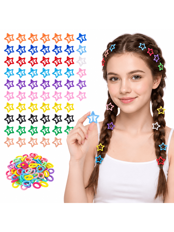 200 Pcs Y2K Star Hair Clips and Seamless Hair Ties Set, 1.19inch Metal Snap Pins with Secure Grip for Fine Hair, 20 Candy Colors