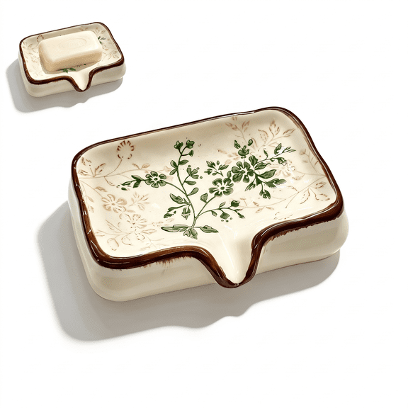 BATAMEAR Ceramic Self Draining Soap Dish with Waterfall Spout, Vintage Floral Soap Holder Tray for Bathroom Sink, Shower & Kitchen Countertop