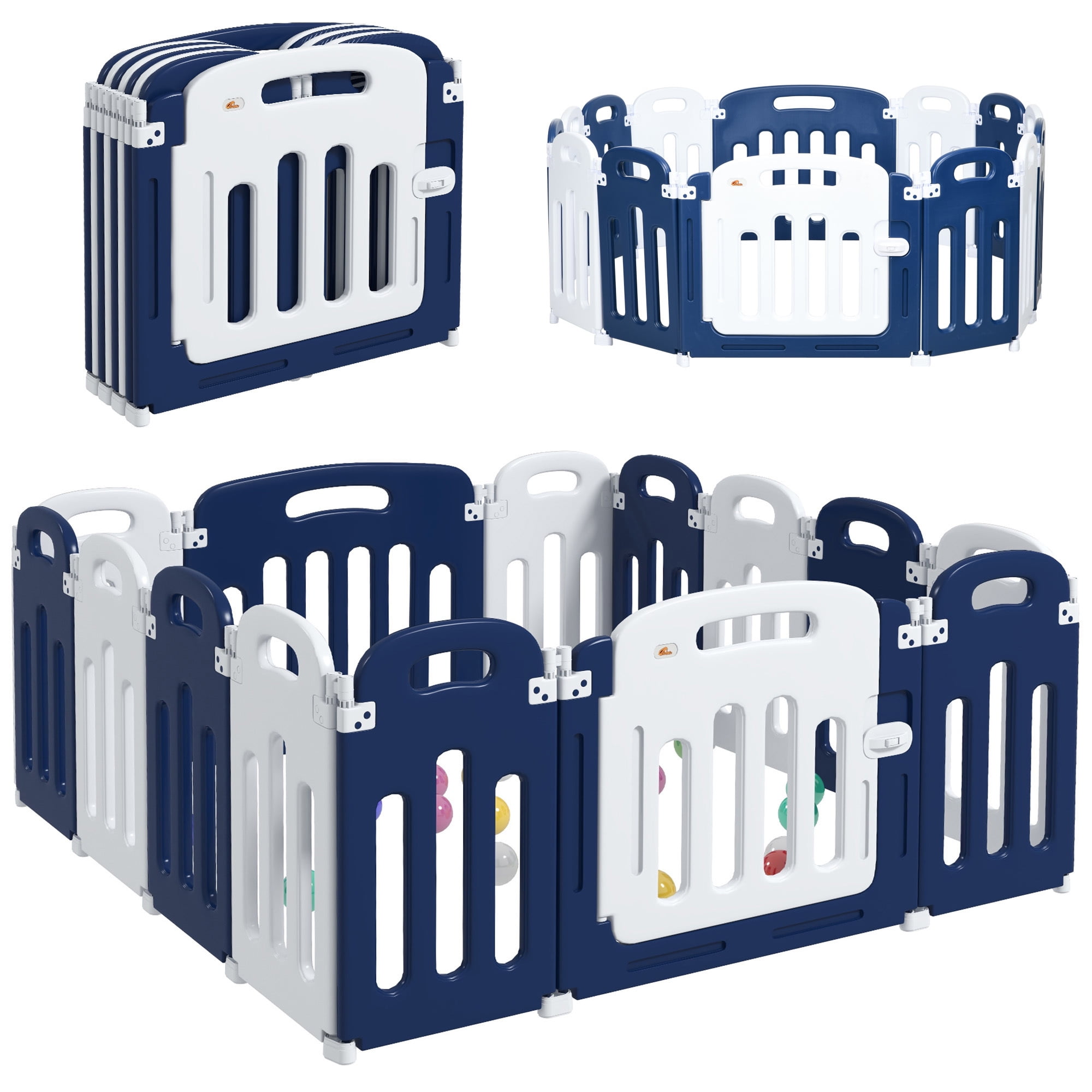 Blue and White Foldable Baby Playpen with Anti-Slip Base