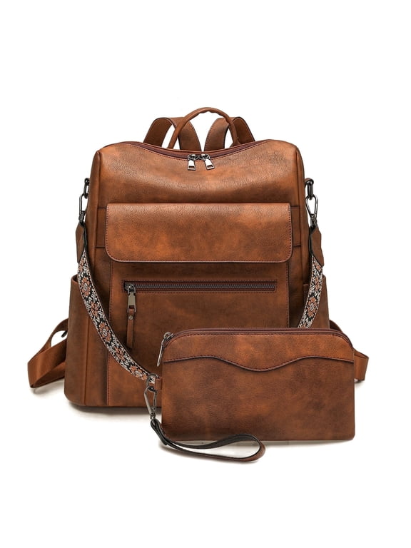 PU Leather Backpack Purse for Women Large Fashion Designer Travel Backpack Ladies Shoulder Bag - Brown