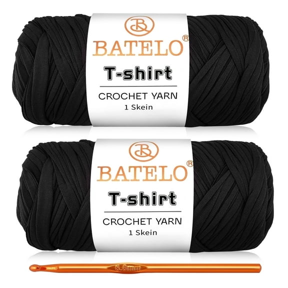 BATELO 2 Pack T-Shirt Yarn Crochet Yarn for Beginner Crochet Bags/Basket/Coaster,Tshirt Yarn 400g/144yds High Elastic Thick Yarn Polyester Fabric(Black)