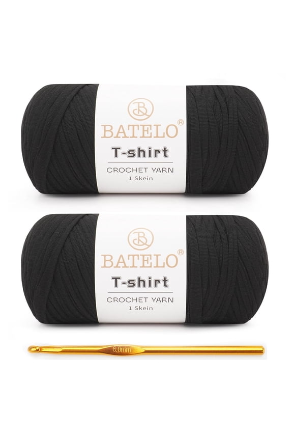 BATELO 2 Pack T-Shirt Yarn Crochet Yarn for Beginner Crochet Bags/Basket/Coaster,Tshirt Yarn 400g/144yds High Elastic Thick Yarn Polyester Fabric(Black)