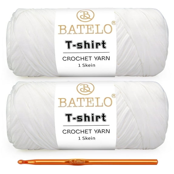 BATELO 2 Pack T-Shirt Yarn Crochet Yarn for Beginner Crochet Bags/Basket/Coaster,Tshirt Yarn 400g/144yds High Elastic Thick Yarn Polyester Fabric(White)