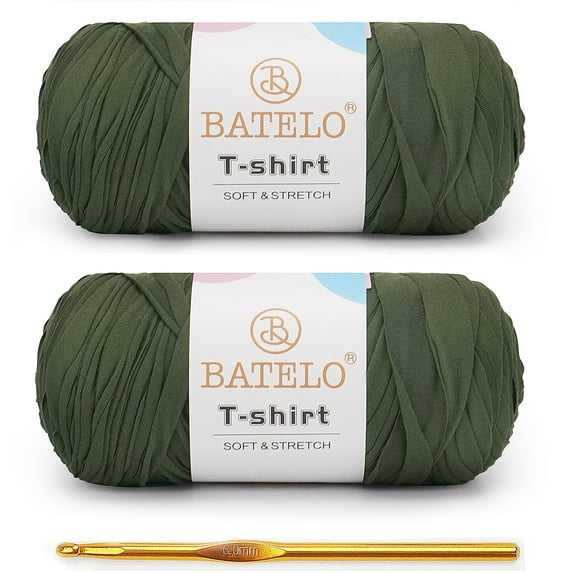 BATELO 2 Pack T-Shirt Yarn for Beginner Crochet Bags/Basket/Coaster, 400g/144yds High Elastic Thick Polyester Fabric (Dark Olive Green)