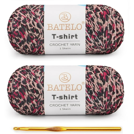BATELO 2 Pack T-Shirt Yarn for Beginner Crochet Bags/Basket/Coaster, 400g/144yds High Elastic Thick Polyester Fabric (Pink leopard print)