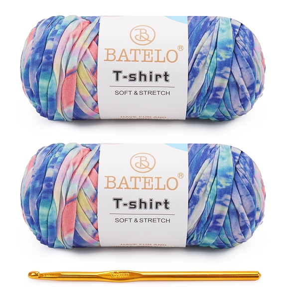 BATELO 2 Pack T-Shirt Yarn for Beginner Crochet Bags/Basket/Coaster, 400g/144yds High Elastic Thick Polyester Fabric (Spray Rainbow)