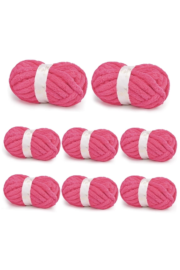 Chunky Yarn for Hand Knitting, Chunky Chenille Blanket Yarn for Crocheting, Bulky Soft Fluffy Chenille for Blanket Project, 8 Pack of 8oz/25yds, Hot Pink