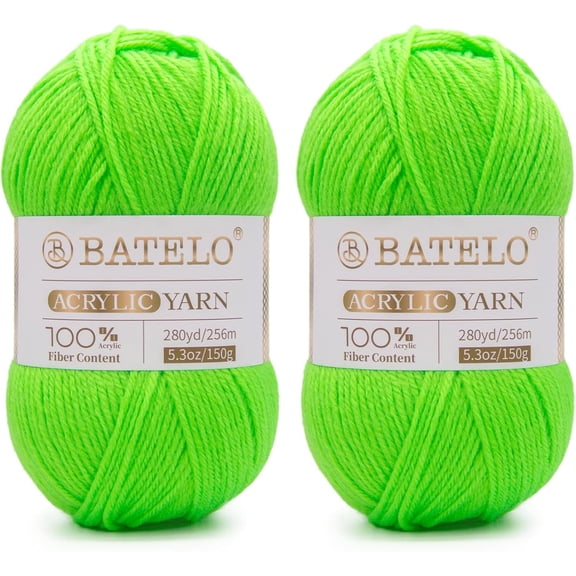 BATELO Crochet Acrylic Yarn 560 Yards, 2 Pack 150g/5.3oz Each, 3 Light Worsted Yarn for Crocheting & Knitting(Bright Green)