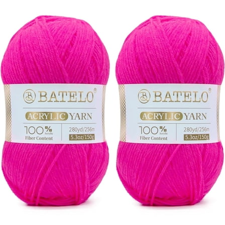 BATELO Crochet Acrylic Yarn 560 Yards, 2 Pack 150g/5.3oz Each, 3 Light Worsted Yarn for Crocheting & Knitting(Hot Pink)