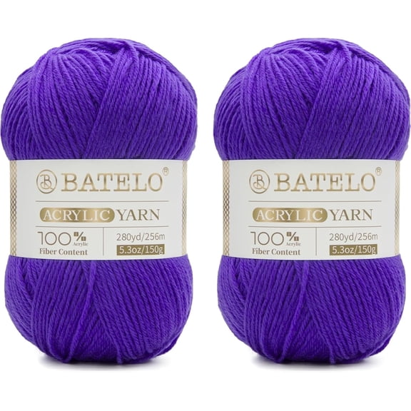 BATELO Crochet Acrylic Yarn 560 Yards, 2 Pack 150g/5.3oz Each, 3 Light Worsted Yarn for Crocheting & Knitting(Purple)