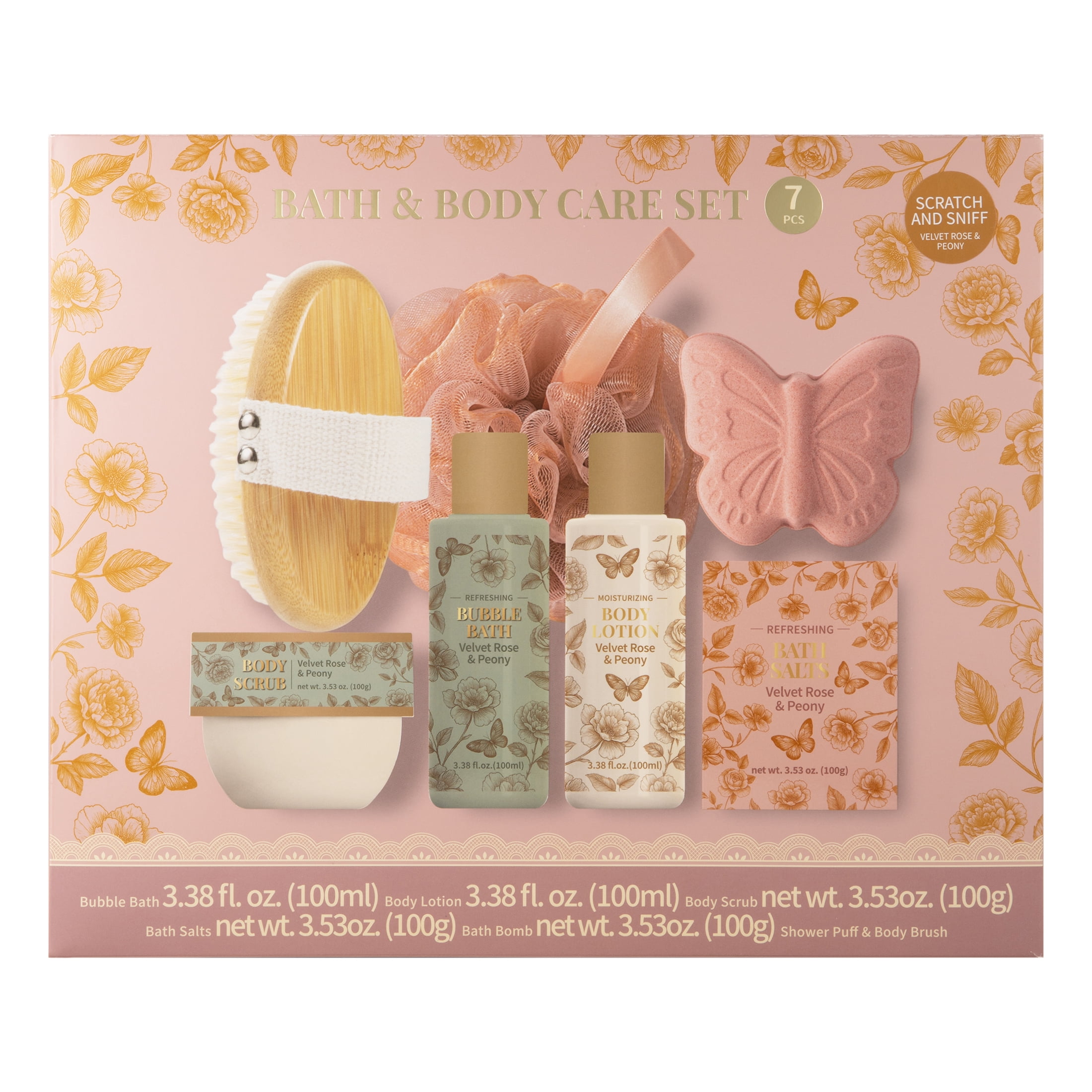 Bath and Body Care Set, Velvet Rose and Peony Scent, 7 Pieces