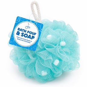 Bath Pouf with Built-In Soap Beads Exfoliating Mesh Shower Loofah with Hang-to-Dry Loop, Aqua