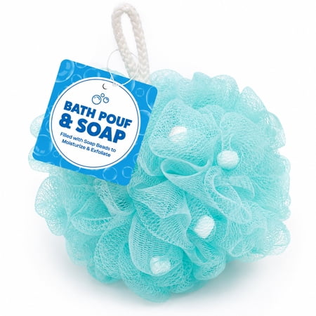 Bath Pouf with Built-In Soap Beads – Exfoliating Mesh Shower Loofah with Hang-to-Dry Loop, Aqua