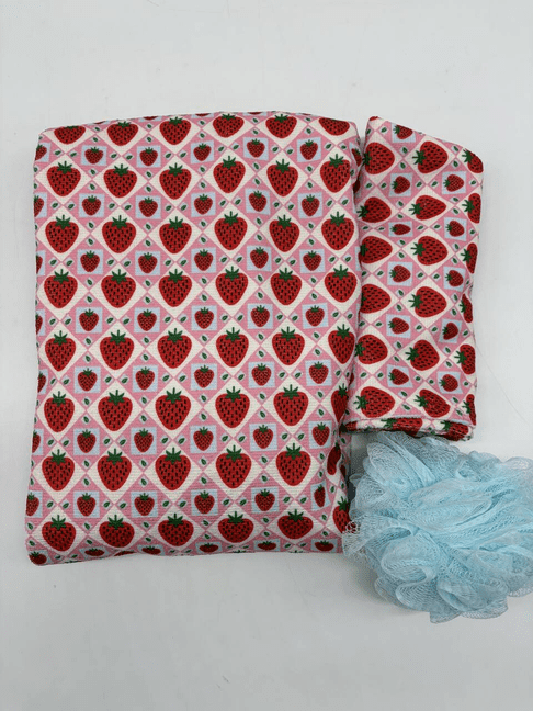 3‑Piece Luxury Strawberry Bath Gift Set, 100% Polyester Terry Cloth  Wrap, Hair Turban and Bath Pouf for Home Spa