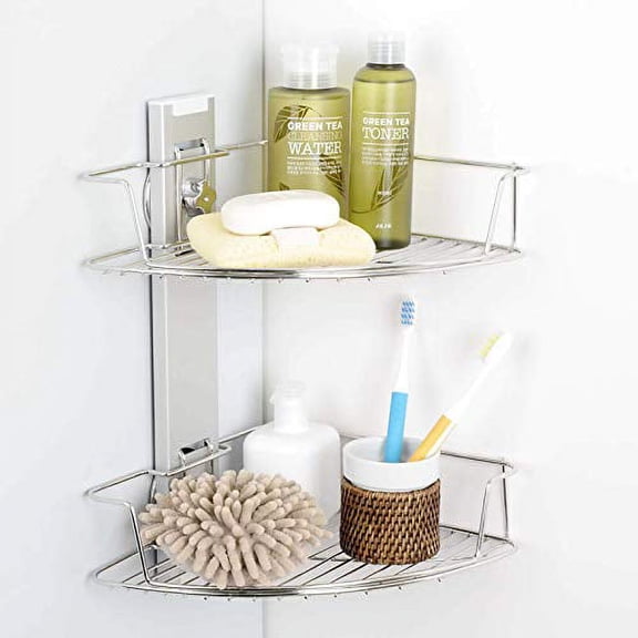 BATHBEYOND Shower Caddy Suction Cup Tier Shower Shelf - Adjustable Shower Caddy 400 Stainless Steel No-Drilling and Extra Adhesive Sticker for More Stronger Suction (Corner)