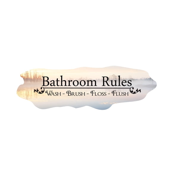 BATHROOM - Lake Pond Background Design Bathroom Rules Wash Brush Floss Flush Lettering Art Quotes Decoration Home Bathroom Wall Decal Sticker 10" x 3"