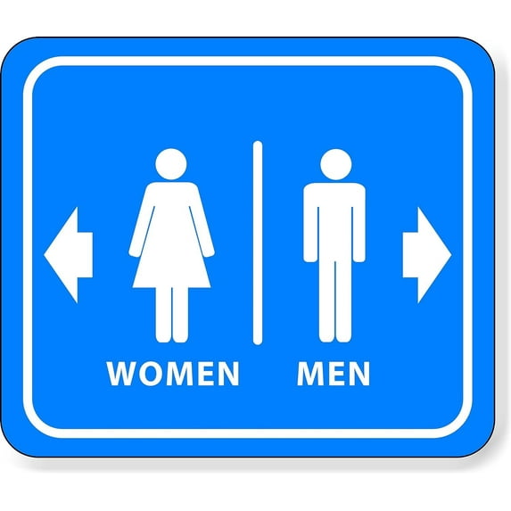 BATHROOM RESTROOM MEN RIGHT ARROW WOMEN LEFT ARROW BLUE Aluminum Composite Sign, 8.5"x10"