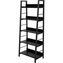 BATHWA 5 Tier Book Shelf, Black  Open Wood and Metal Ladder Bookshelf, 59''H 24''W Wooden Ladder Shelf for Small Places, Living Room, Bedroom