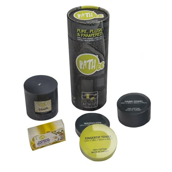 BATHee Gift Set Set of 3 100% Premium Designer Turkish Towels Vanilla Scented Cold Pour Candle 100% Natural Oliv