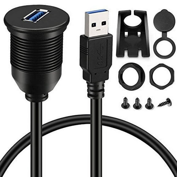 BATIGE Single Port USB 3.0 Male to Female AUX Car Mount Flush Cable Waterproof Extension for Car Truck Boat Motorcycle Dashboard Panel - 3ft