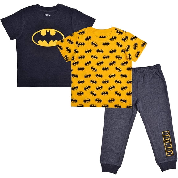 BATMAN Warner Bros 3 Piece Jogger Set for Boys, Short Sleeve Shirts and Sports Pants, 5 Yellow