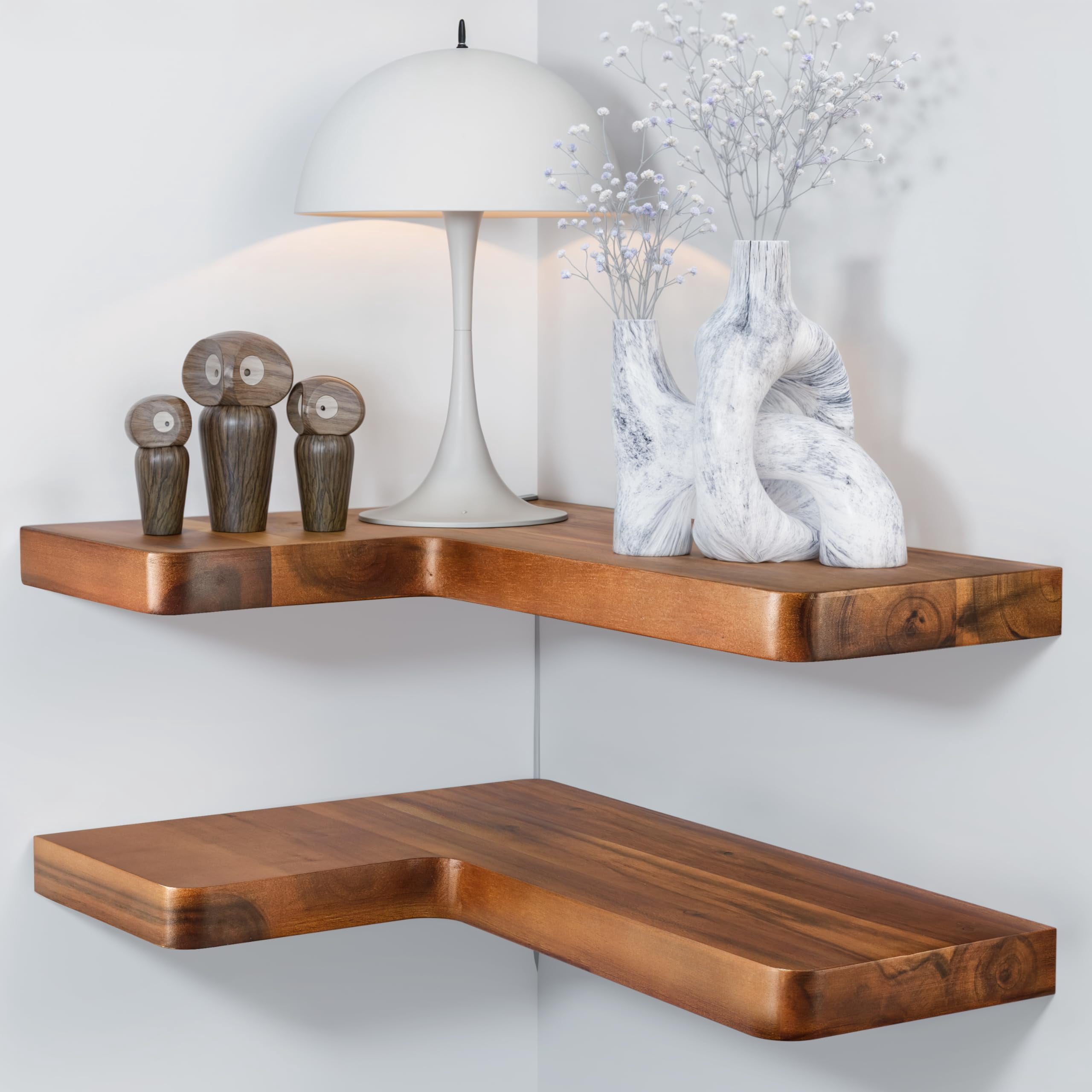 BATODA Acacia Wood Corner Floating Shelf - 17" X 12" L-Shape, Walnut Finish, With Hidden Brackets