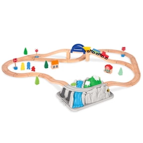 Battat Mountaintop Express 47-Piece Wood Train Set with Double-Sided Tracks & Reusable Storage Bucket for 3 Years +