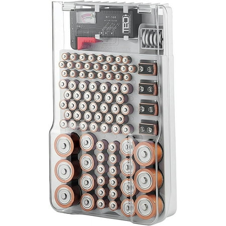 The Battery Organizer Storage Case with Hinged Clear Cover, Includes a Removable Battery Tester, Holds 93 Batteries Various Sizes (Gray)