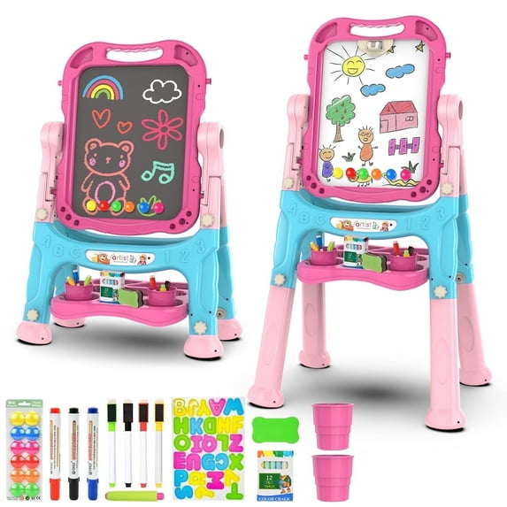 BATTOP Art Easel for Kids, 4 in 1 Adjustable Standing Rotatable Double Sided Easel with Painting Accessories, Toddler Easel - Gift for Girls-Pink/Light Blue