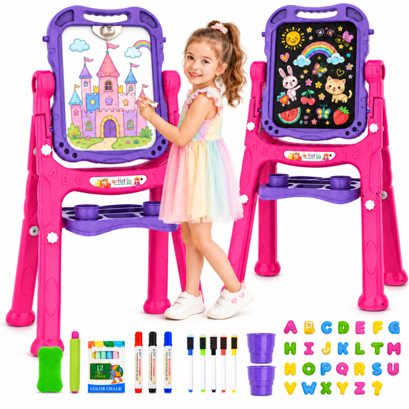 BATTOP Art Easel for Kids, Adjustable Standing Rotatable Double Sided Easel with Painting Accessories for Toddlers Boys and Girls,Purple
