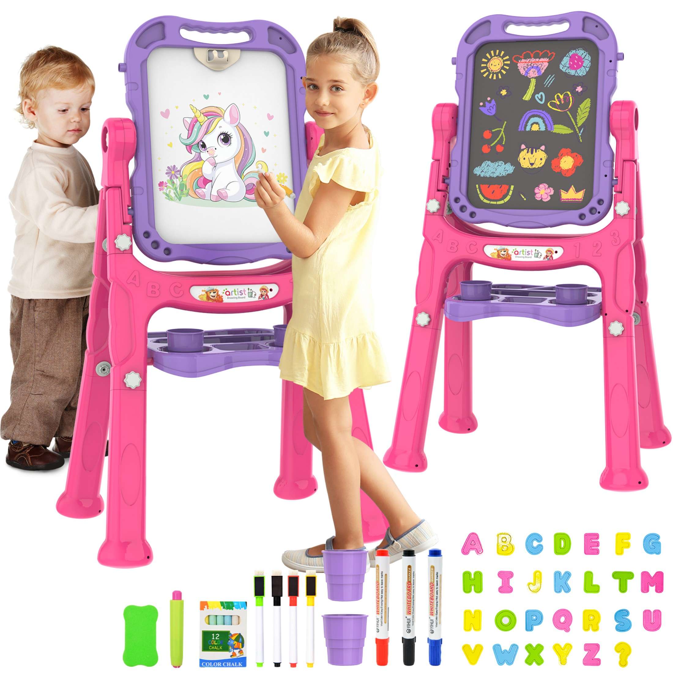 BATTOP Caballete de Arte para Niños, Caballete Ajustable Giratorio de Doble Cara con Accesorios de Pintura para Niños y Niñas Pequeños, Púrpura