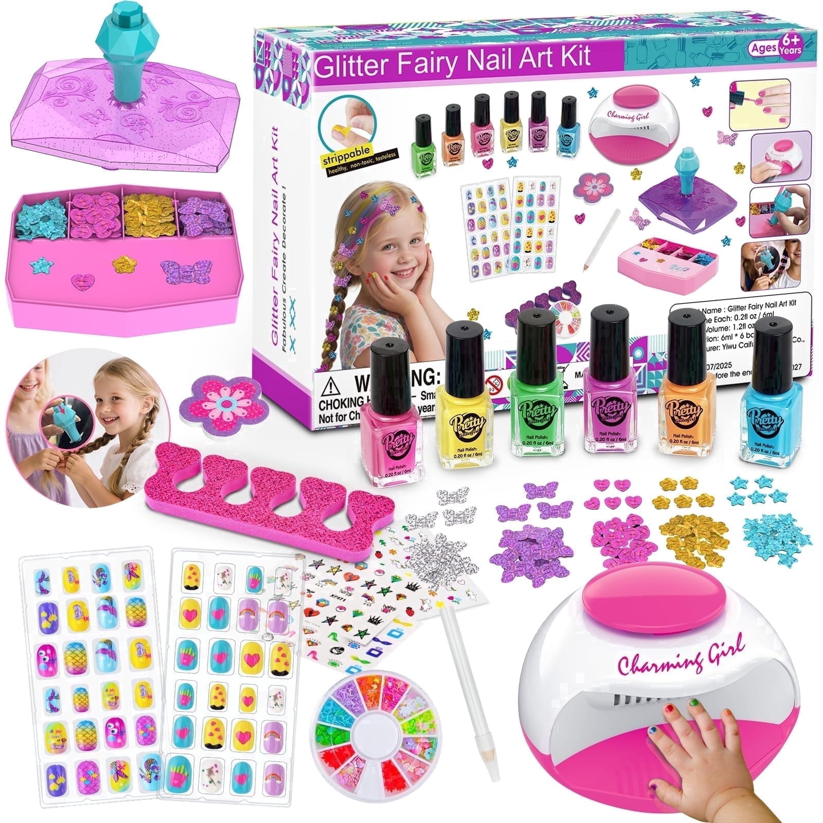 BATTOP Kids Nail Polish with Hair Gem Stamper, Quick Dry Peel Off, Safe Non-Toxic, Birthday Gifts for Girls 6 7 8 9 10 11 12 Years Old