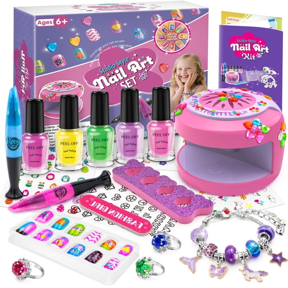 BATTOP DIY Nail Kit Toys -Kids Nail Art Kit for Girls Ages 7-12 with Nail Dryer & 2 in 1 Water Based Nail Polish Pen & 3D Decoration & Sticker and Nail Flier - Idea Birthday Gifts for Girls 7 8 9 10