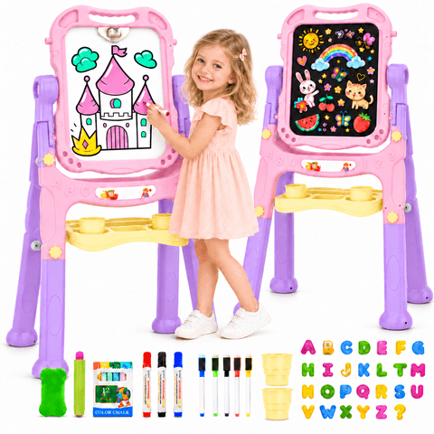 BATTOP Easel for Kids, Adjustable Standing Art Easel for Toddler, Double Drawing Board with Painting Accessories, Birthday Gift for Children, Pink