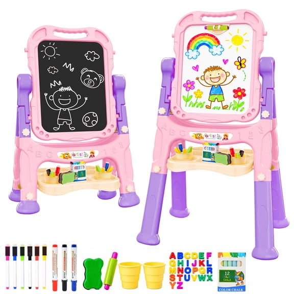 BATTOP Easel for Kids, Adjustable Standing Art Easel for Toddler, Double Drawing Board with Painting Accessories, Birthday Gift for Children, Pink
